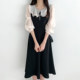 Korean chic French elegant contrast color lotus leaf collar splicing receiving waist slimming micro transparent puff sleeve dress long skirt female