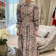 Korean chic spring retro elegant lapel ink smudged tie waist slimming long-sleeved chiffon dress for women