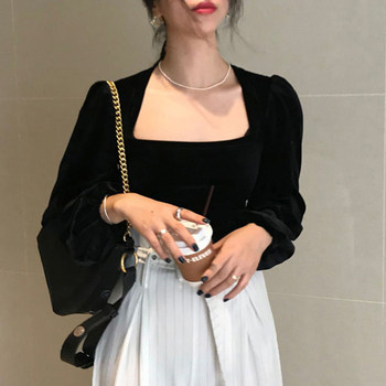 Korean chic minimalism retro square collar leak collarbone slim slim solid color puff sleeve velvet shirt women