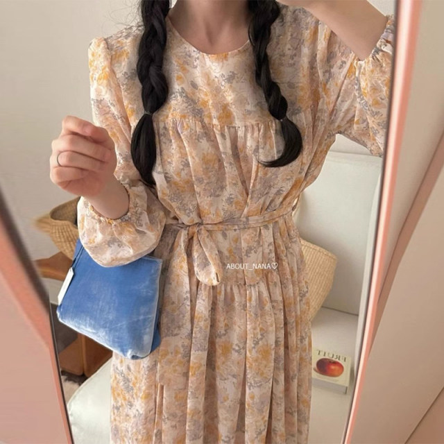 Korean chic spring French style gentle round neck floral dyed lace-up waist slimming long-sleeved floral dress