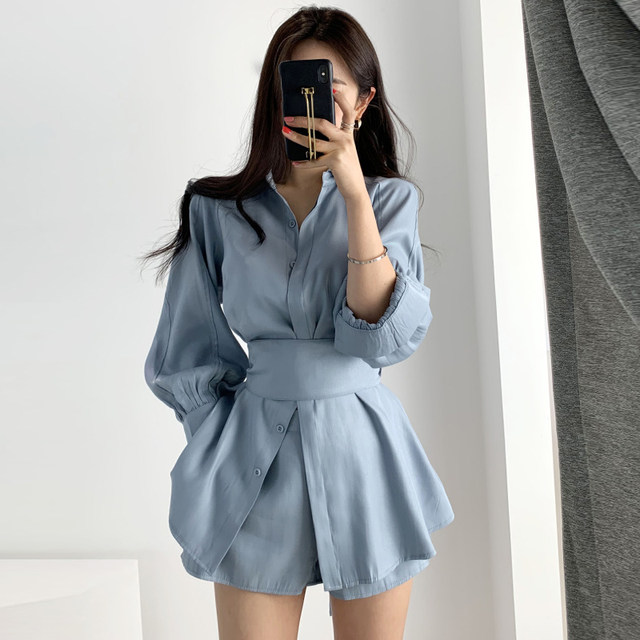 Korean chic niche temperament lapel single-breasted lace-up waist long-sleeved shirt + high waist casual shorts suit