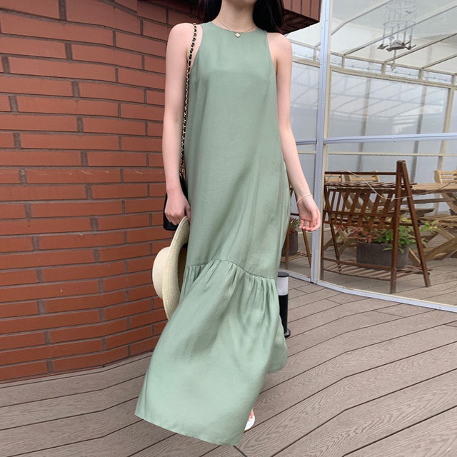 Korean chic summer French simple round neck loose casual splicing ruffled sleeveless vest dress for women