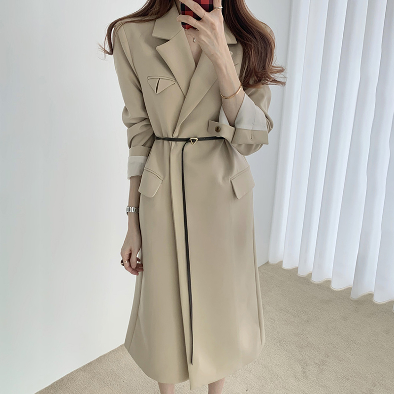 Khakithe republic of korea chic autumn temperament British style Lapel easy Over the knee Medium and long term Cardigan Windbreaker loose coat With belt female