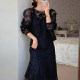 Korean chic spring French temperament round neck lace crocheted shirt + V-neck waist fishtail suspender dress female