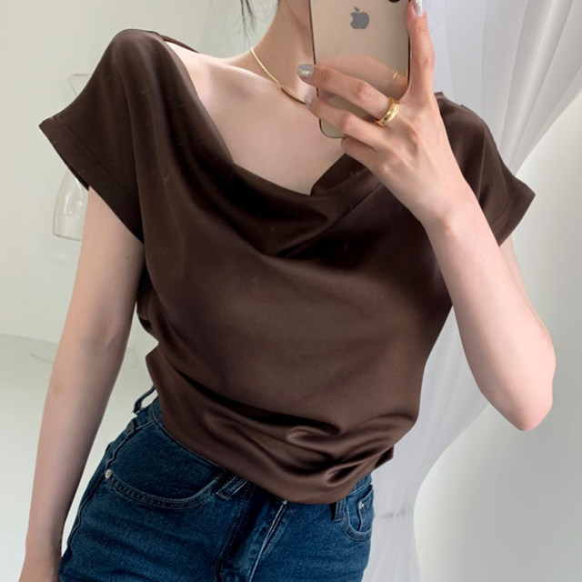 Korean chic summer French temperament V-neck pleated design loose all-match drape short-sleeved shirt top women