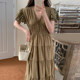 Korean chic summer French elegant V-neck stitching hollow lace hook flower fly sleeve long dress female