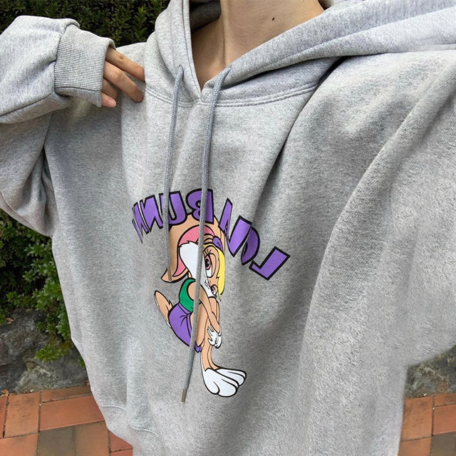 Liangliangjia Age Reduction Cartoon Printed Velvet Hooded Sweater + High Waist Slim Large Swing Skirt Two-piece Women