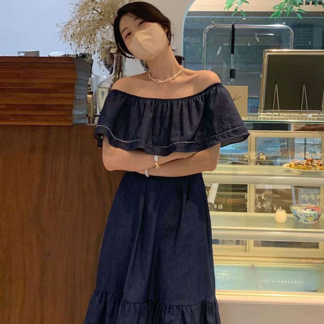 Korean chic summer retro elegant one-word collar off-the-shoulder splicing ruffled waist slimming denim dress female