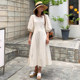 Korean chic spring retro age-reducing round neck embroidered hollow jacquard lace-up waist slimming short-sleeved dress for women