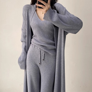 Демисезонный трикотажный жилет, свитер, куртка для отдыха, штаны, комплект, в корейском стиле, 3 предмета