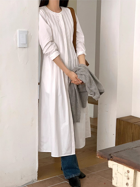 Korean chic spring new niche design pleated white shirt dress women's loose casual long skirt