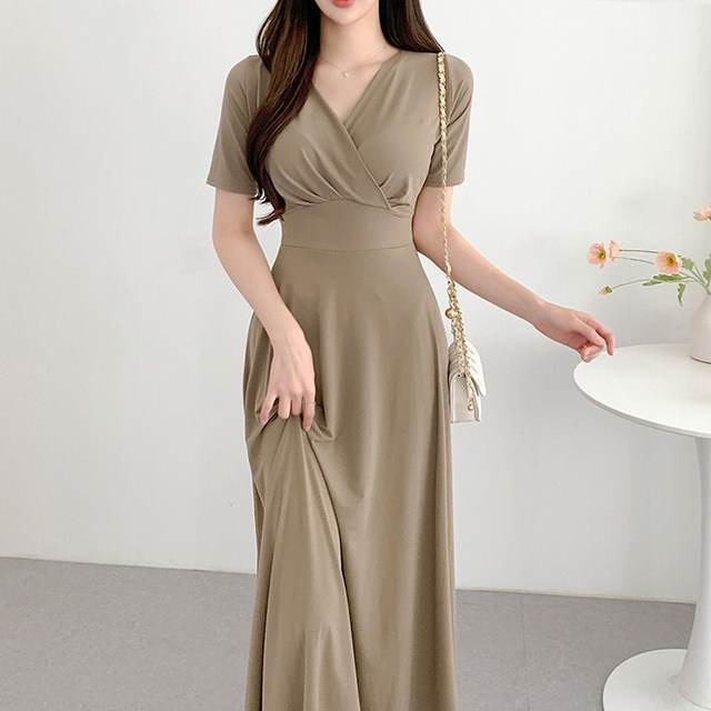 Korean chic summer new French V-neck cross pleated back tie waist short-sleeved dress long skirt female