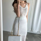 Korean chic retro elegant V-neck hollow suspender sweater + high waist slim mid-length skirt suit women