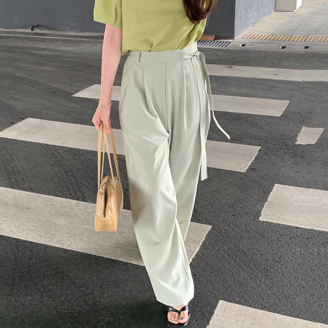 Korean chic summer simple and versatile high-waisted side straps loose mopping drape wide-leg suit casual pants women