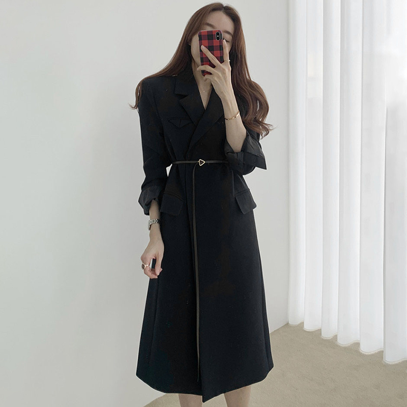 Blackthe republic of korea chic autumn temperament British style Lapel easy Over the knee Medium and long term Cardigan Windbreaker loose coat With belt female
