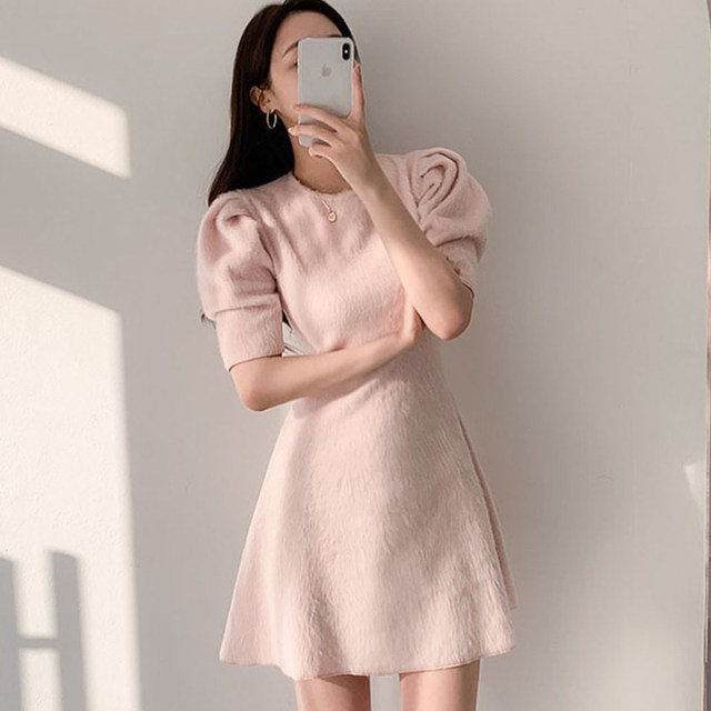 Korean chic early spring fashionable pink round neck slim fit high waist A-line small dress short skirt for women