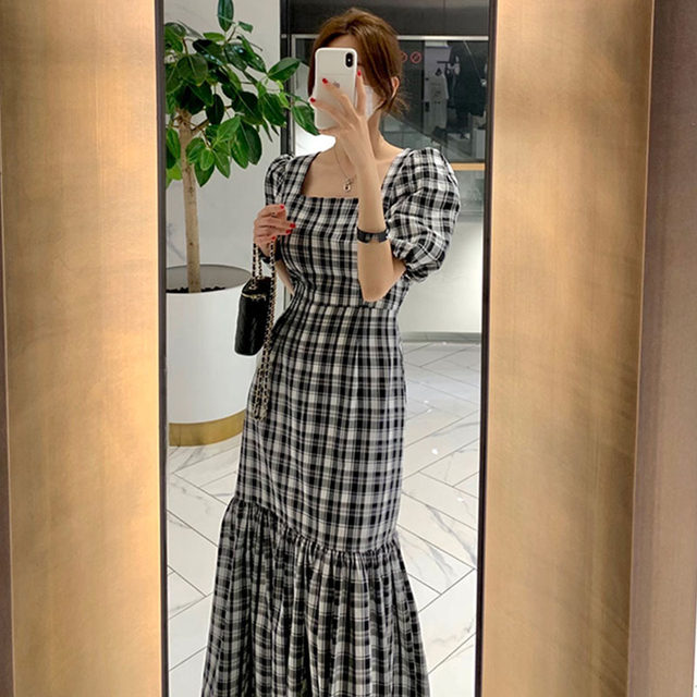 Korean chic French temperament square collar exposed collarbone waist slimming knee length puff sleeve fishtail dress female