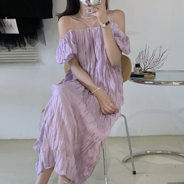 Korean chic summer gentle taro purple one-word neck off-the-shoulder pleated design puff sleeves suspender dress female