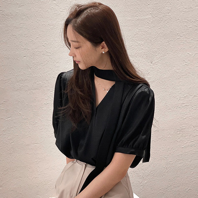 Korean chic summer French elegant stand-up collar ribbon scarf design loose all-match puff sleeve shirt top women