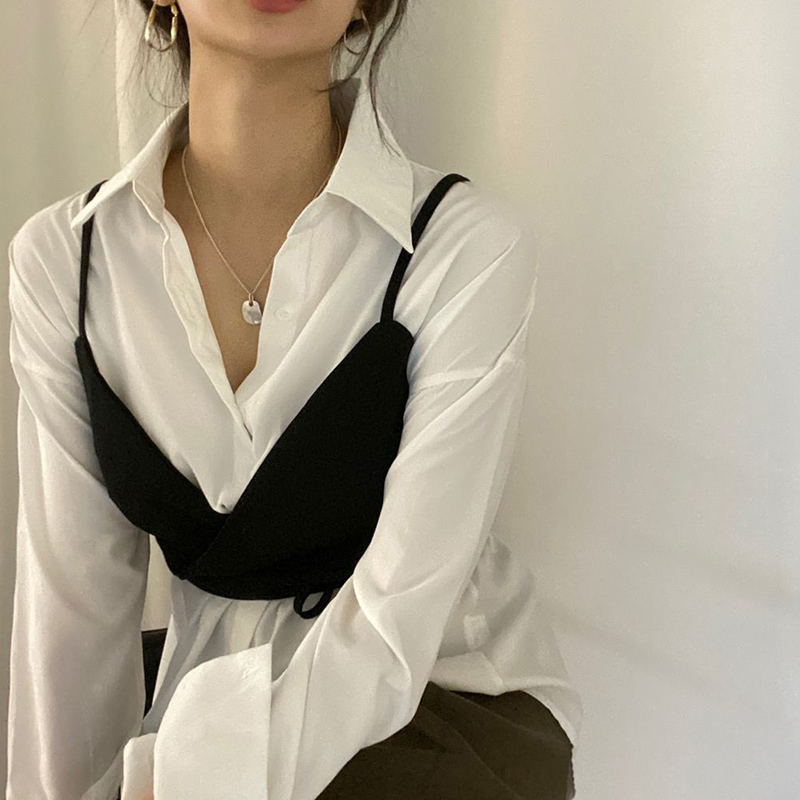 Black Vestthe republic of korea chic Early autumn Minority Sense of design Lapel Long sleeve shirt + pinkycolor  Bandage Close your waist camisole vest female