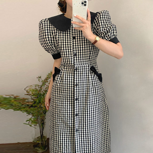 Korean chic gentle age-reducing doll collar bow decoration waist slim puff sleeve plaid dress female