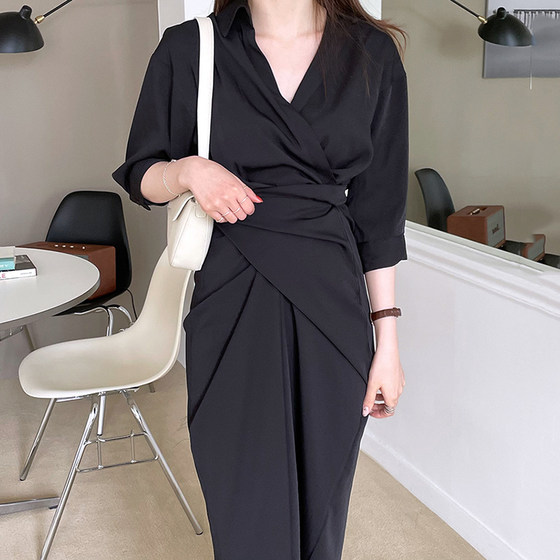 South Korea Chic minimalist French lapel design is thin and thin waist five -sleeved dress long skirt girl