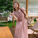 Korean chic spring and summer sweet age-reducing round neck pleated design waist slimming long flying sleeve dress for women