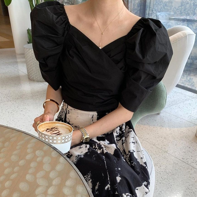 Korean chic summer retro square collar slim fit puff sleeve shirt + high waist ink smudged skirt female