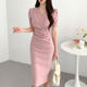 Korean chic summer French temperament V-neck irregular design puff sleeves back slit bag hip dress female