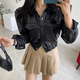 Korean chic retro lapel single-breasted double-pocket leather jacket + high waist pleated skirt short skirt suit