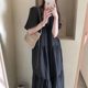 Korean chic summer elegant V-neck pleated design loose solid color versatile puff sleeve dress for women