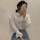 Korean chic autumn French temperament lapel single-breasted loose casual solid color puff sleeve shirt top women
