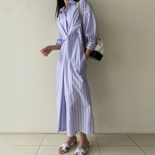 Korean chic spring French niche lapel contrast stripe pleated design loose long-sleeved shirt dress