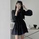 Korean chic spring French gentle V-neck lace-up pleated texture design long-sleeved dress for women