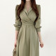 Korean chic early spring French elegant lapel cross tie waist puff sleeve shirt dress long skirt female