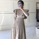 Korean chic autumn French retro round neck ruffled stitching tie waist long sleeves pleated knitted dress