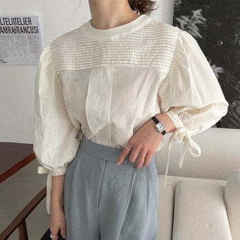 Korean chic summer niche temperament round neck pleated design loose bow tie lantern sleeve shirt top