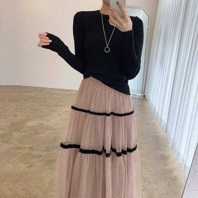 Korean chic all-match round neck solid color inner slim T-shirt top + high waist contrast color wave dot mesh skirt female