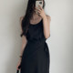 Korean chic summer French style round neck strap waist slimming sleeveless long dress little black skirt for women