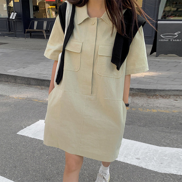 Korean chic spring and summer new niche lazy style lapel multi-pocket design loose short-sleeved shirt dress for women
