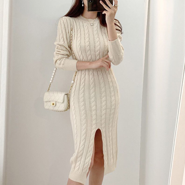 Korean chic autumn and winter temperament round neck and front and back two wearing hemp pattern design slim fit and thin slit knitted dress