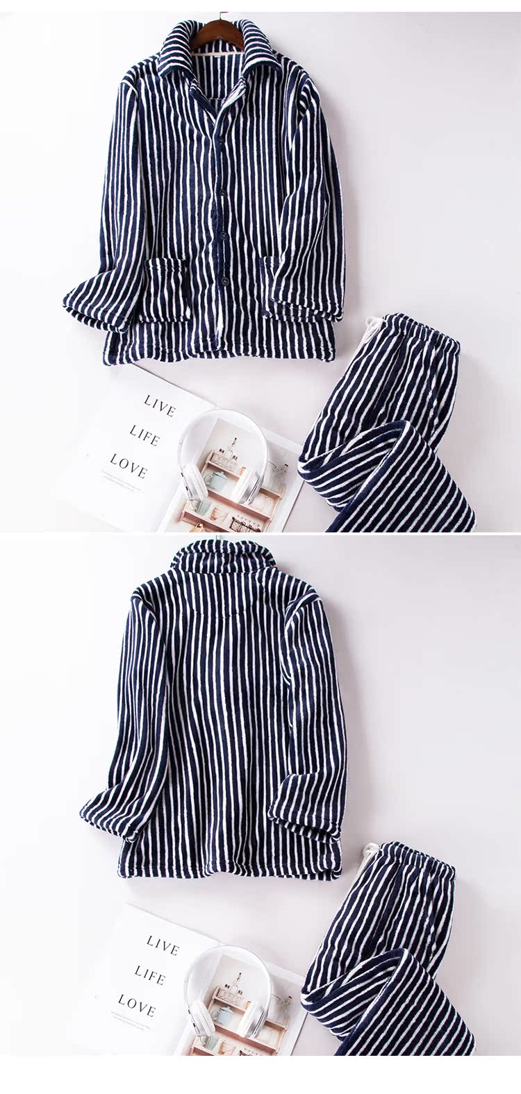 TTIITT / ba arborjama nam mùa đông mới sọc đơn giản ve áo flannel dày quần áo nam áo ngủ nam