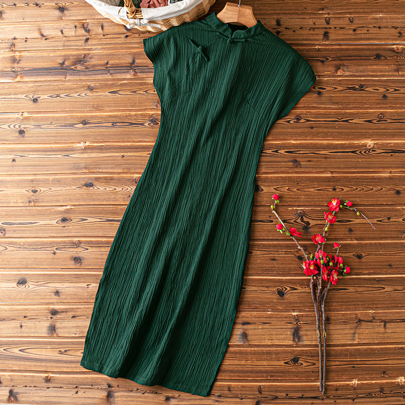 Elegant Cheongsam, Young Style, 2025 New Improved Model, Summer Retro Chinese Fashion, Dark Green Dress for Petite Girls