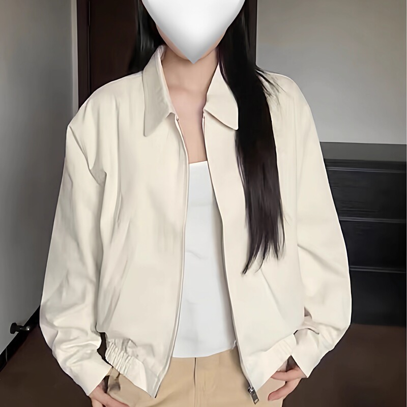 Codice Lab Korean Style Off-White Short Workwear Jacket for Women, Spring and Autumn, Petite Size, Turn-Down Collar Baseball Jacket