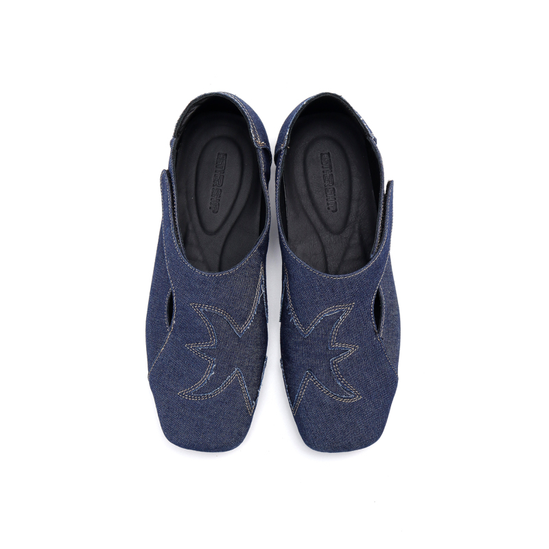 Asthershop Original Vintage Denim Square-Toe Shoes Spring and Autumn Velcro Flat Shoes Deep Mouth German Training Shoes