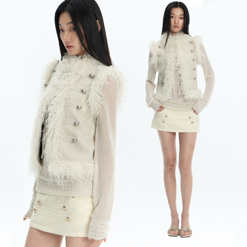 Faychui Visual Style Wool Suede Sleeveless Palace-Style Feather Vest Melard Stand-Up Collar Warm Top Jacket