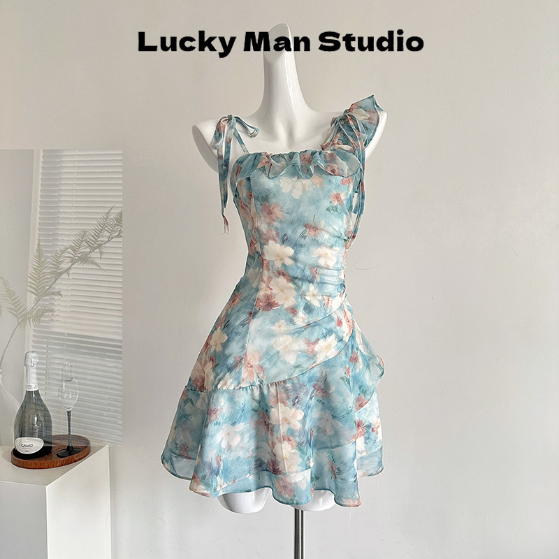 LUCKYMAN春日艺术家/油画感不规则度假鱼尾吊带碎花裙