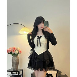 ໄຂມັນເລັກນ້ອຍ mm lace splicing pure lust style suspender small top cake skirt suit women summer hot girl wear cardigan