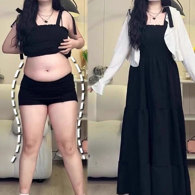 Plus size french slip dress suit women's summer fat mm cover belly hidden meat pear-shaped body wear cardigan two-piece set