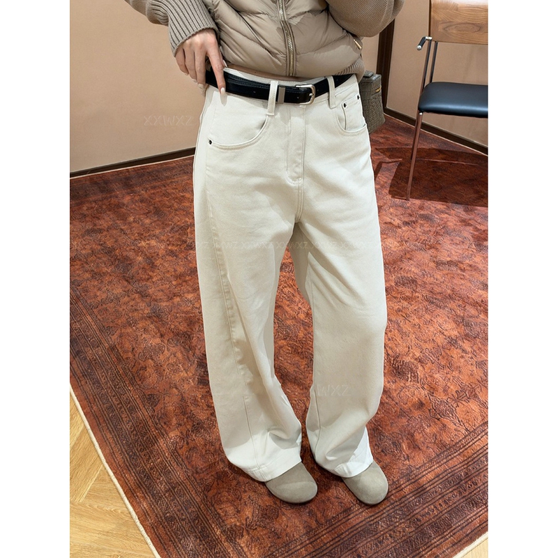 Korean Dongdaemun Autumn New Fashion Style Fleece-Lined Relaxed Drape Versatile Straight Wide-Leg Jeans with Belt